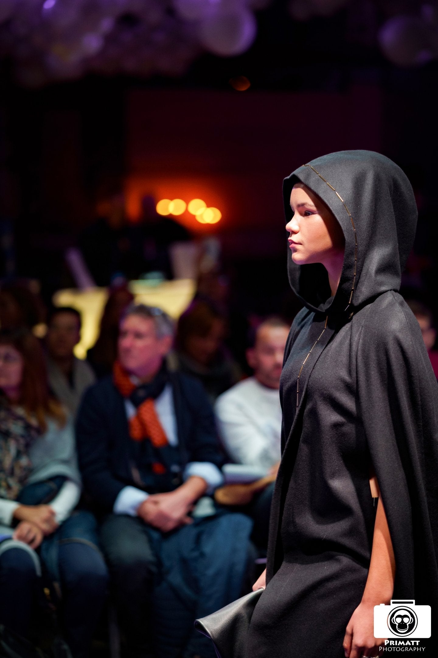 Full length black wool cape with golden crystal hem