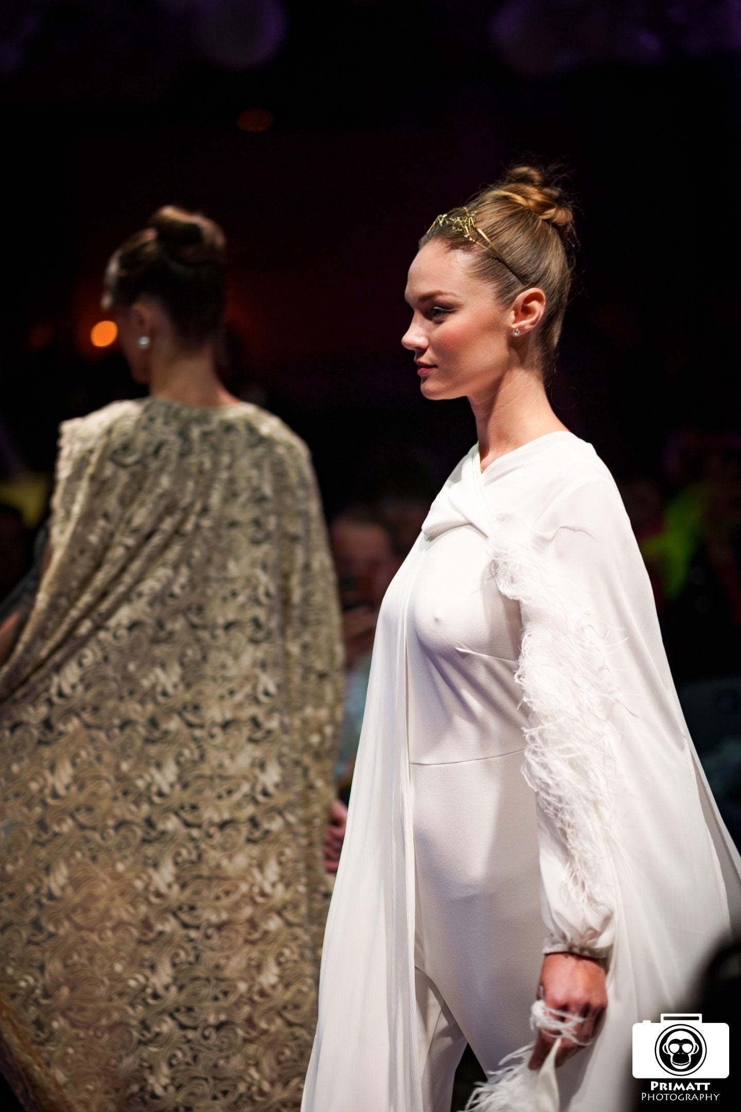 Feather trimmed silk-chiffon cape