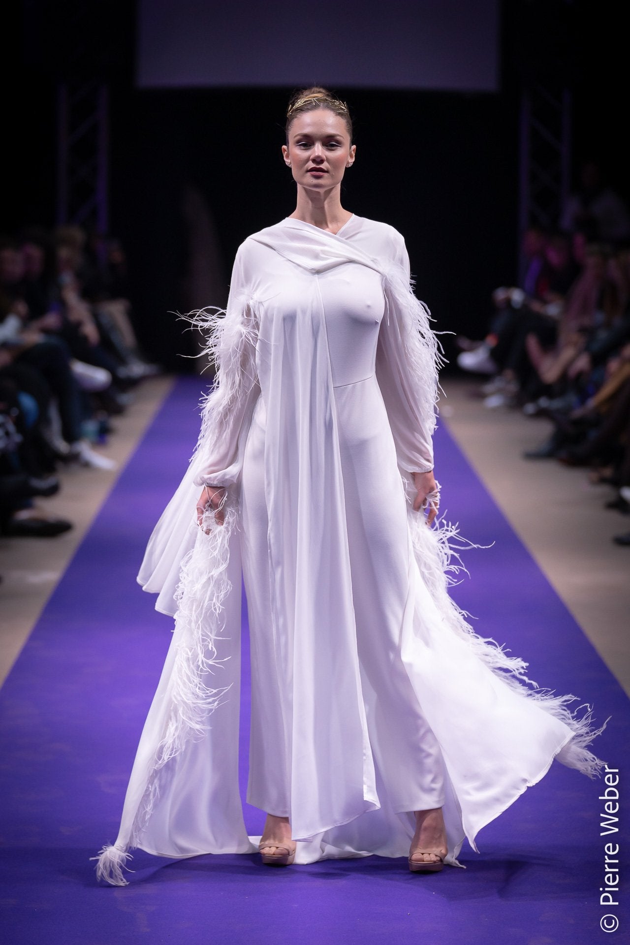 Feather trimmed silk-chiffon cape