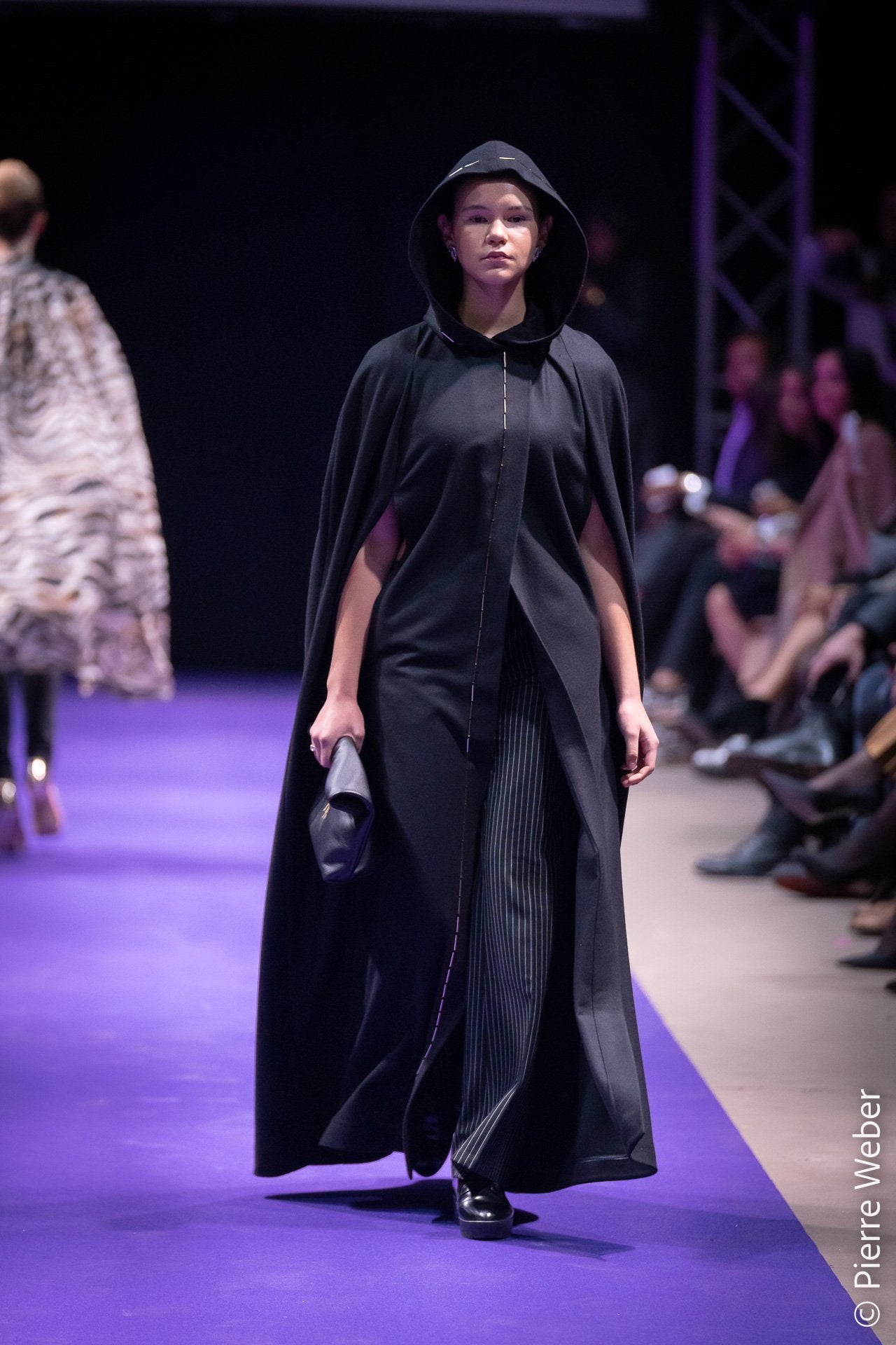 Full length black wool cape with golden crystal hem