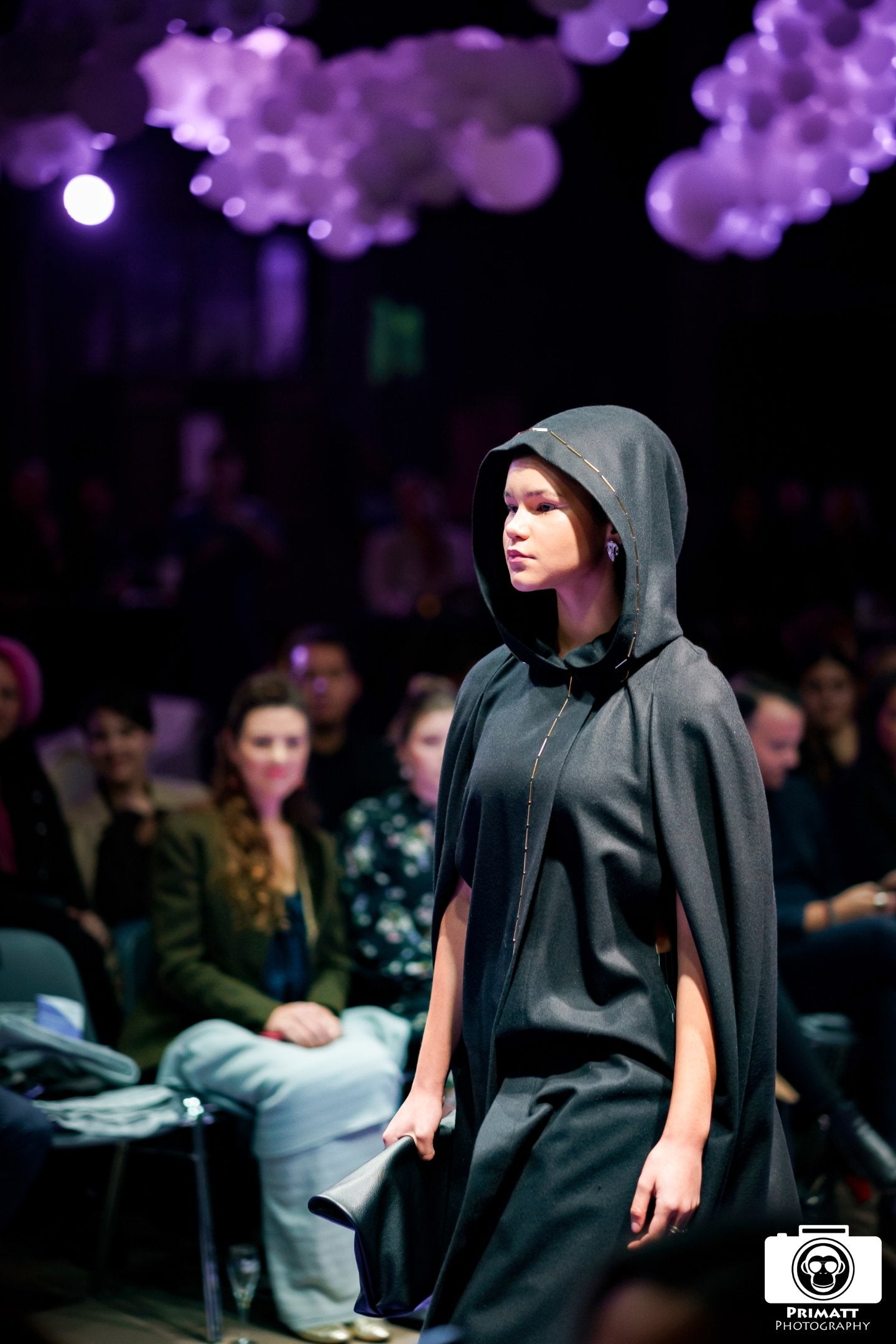 Full length black wool cape with golden crystal hem